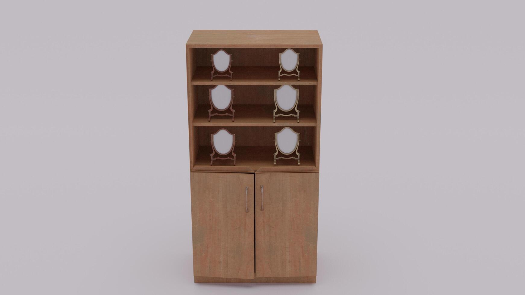 A tall wooden cabinet with three shelves photo
