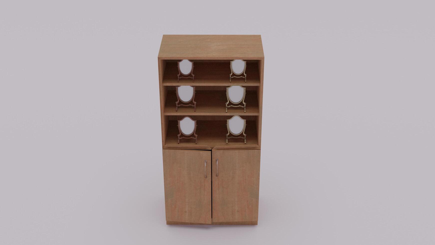 A tall wooden cabinet with a glass shelf photo