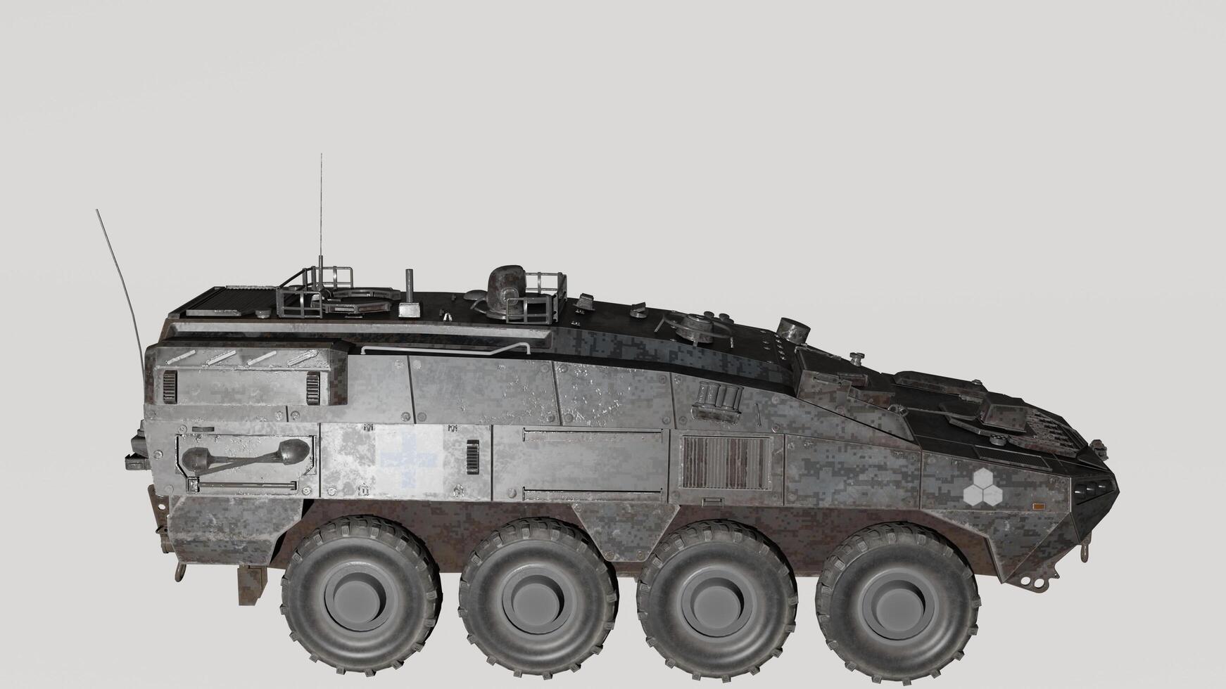 A military vehicle is shown in this 3d image photo