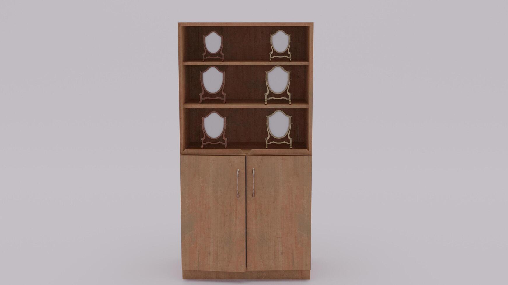 A tall wooden cabinet with three shelves photo