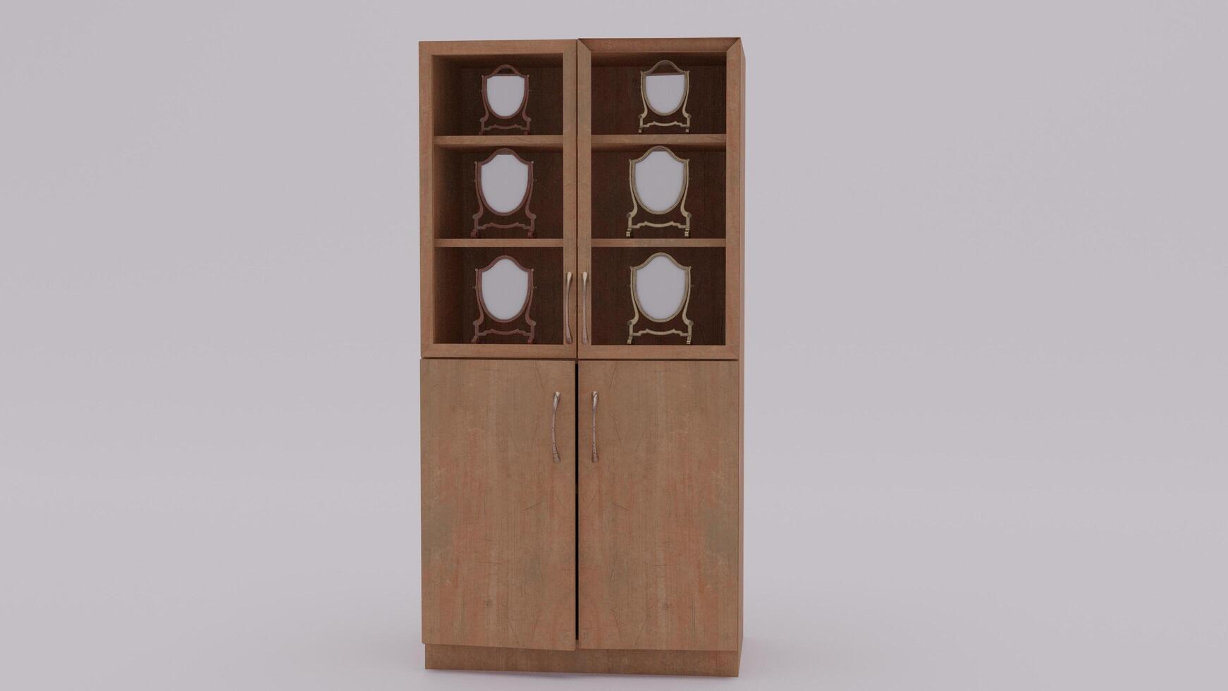 A tall wooden cabinet with three doors photo