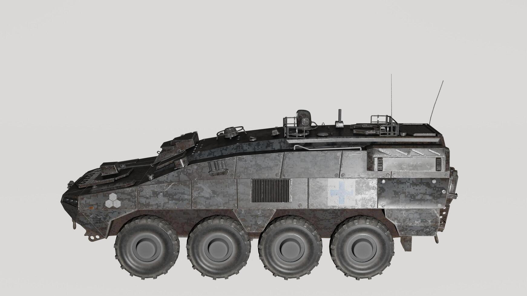A military vehicle is shown in this 3d image photo