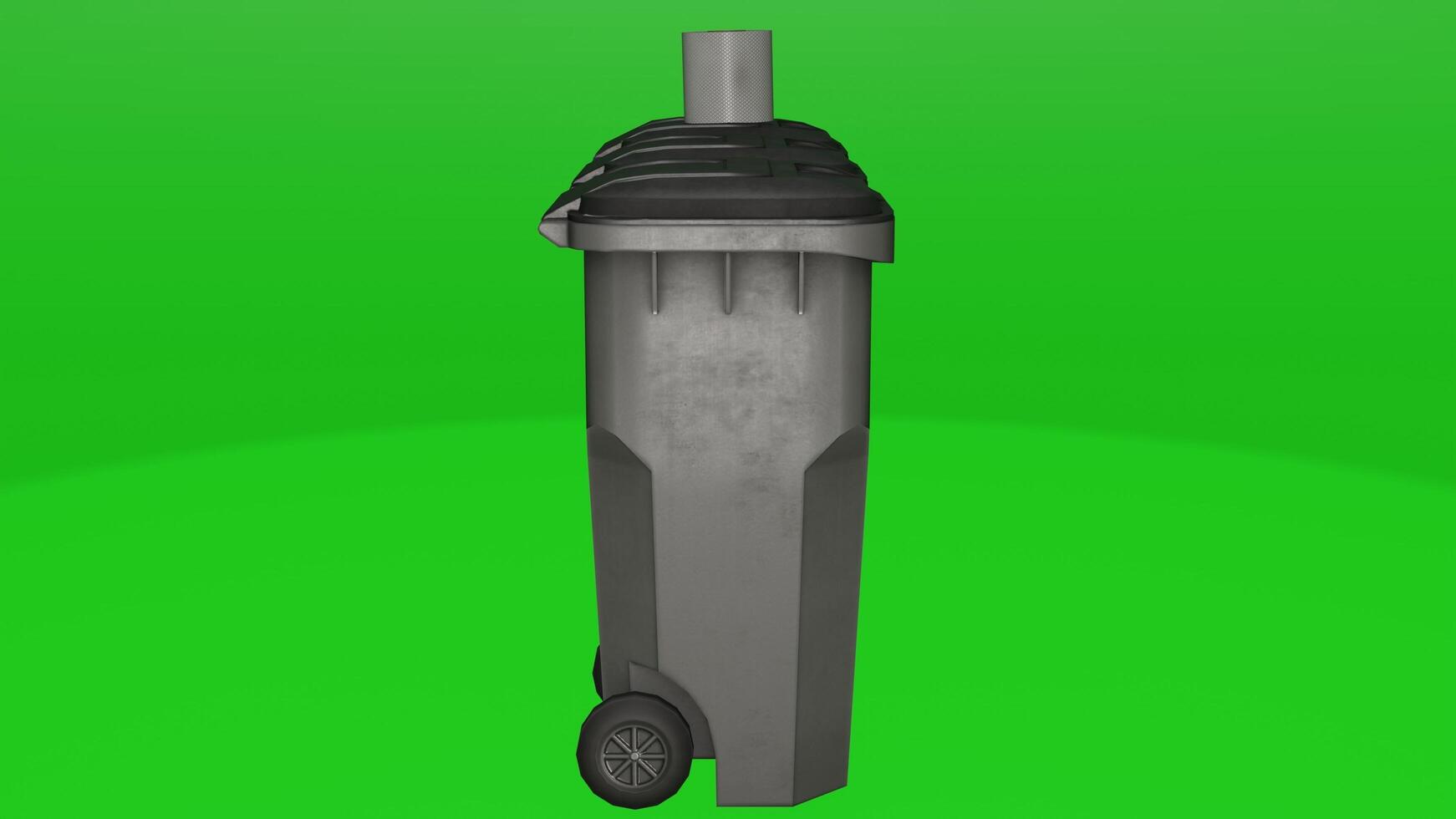 A trash can with wheels on a green background photo