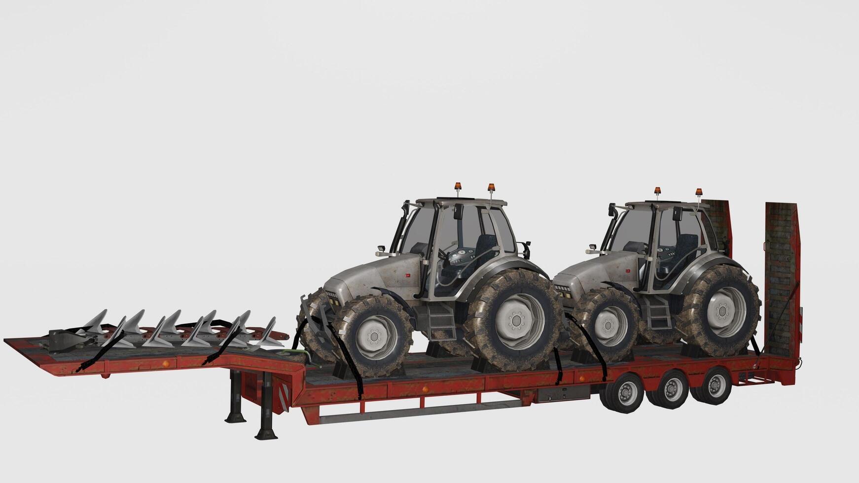 A tractor trailer with two tractors on it photo