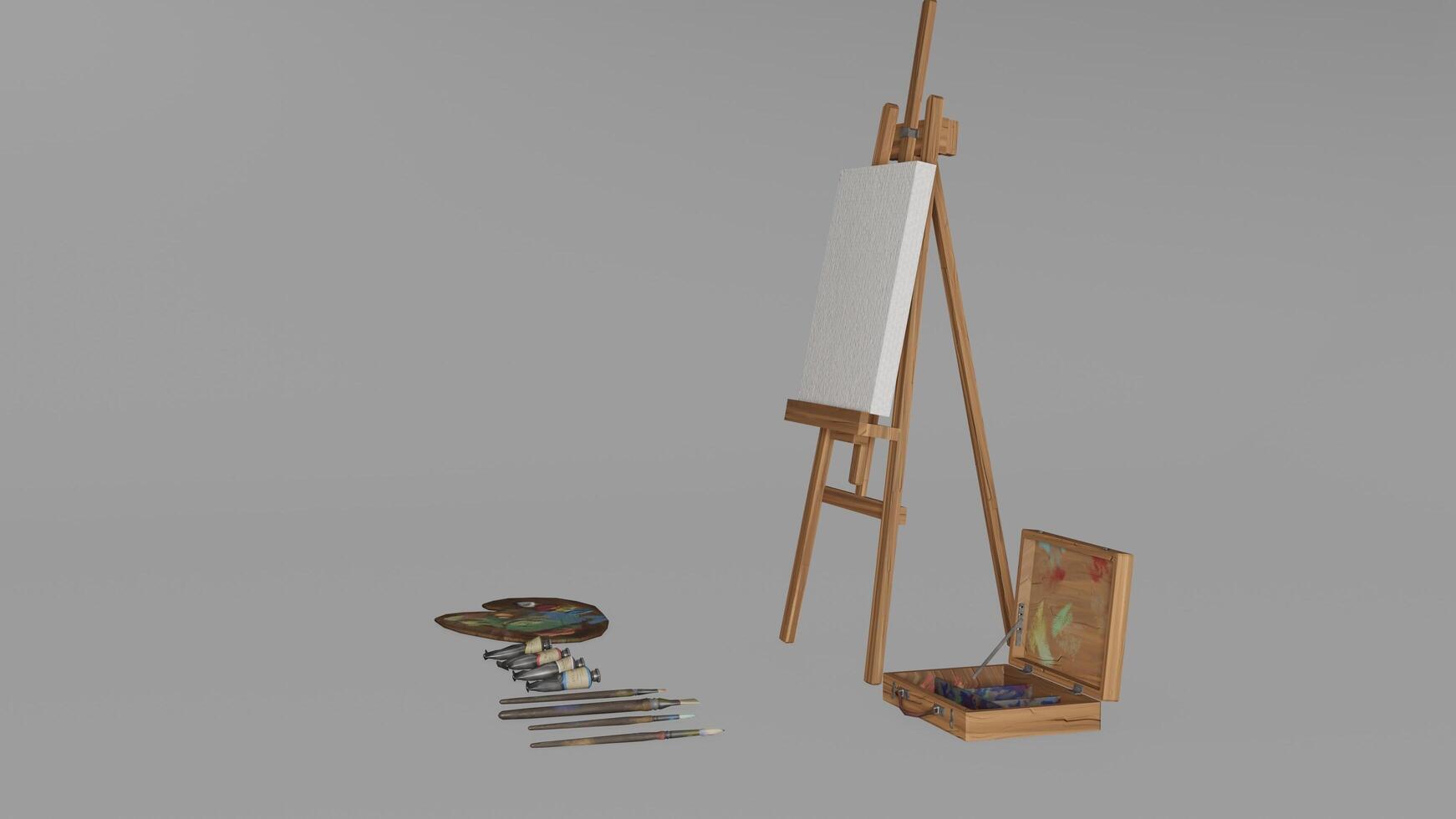 A painting easel, brushes, and paint photo