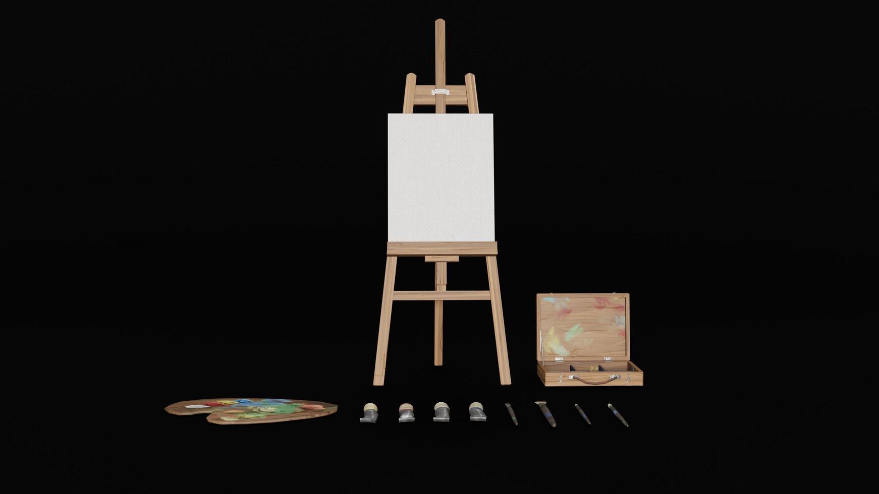 A painting easel, paint brushes and other items photo