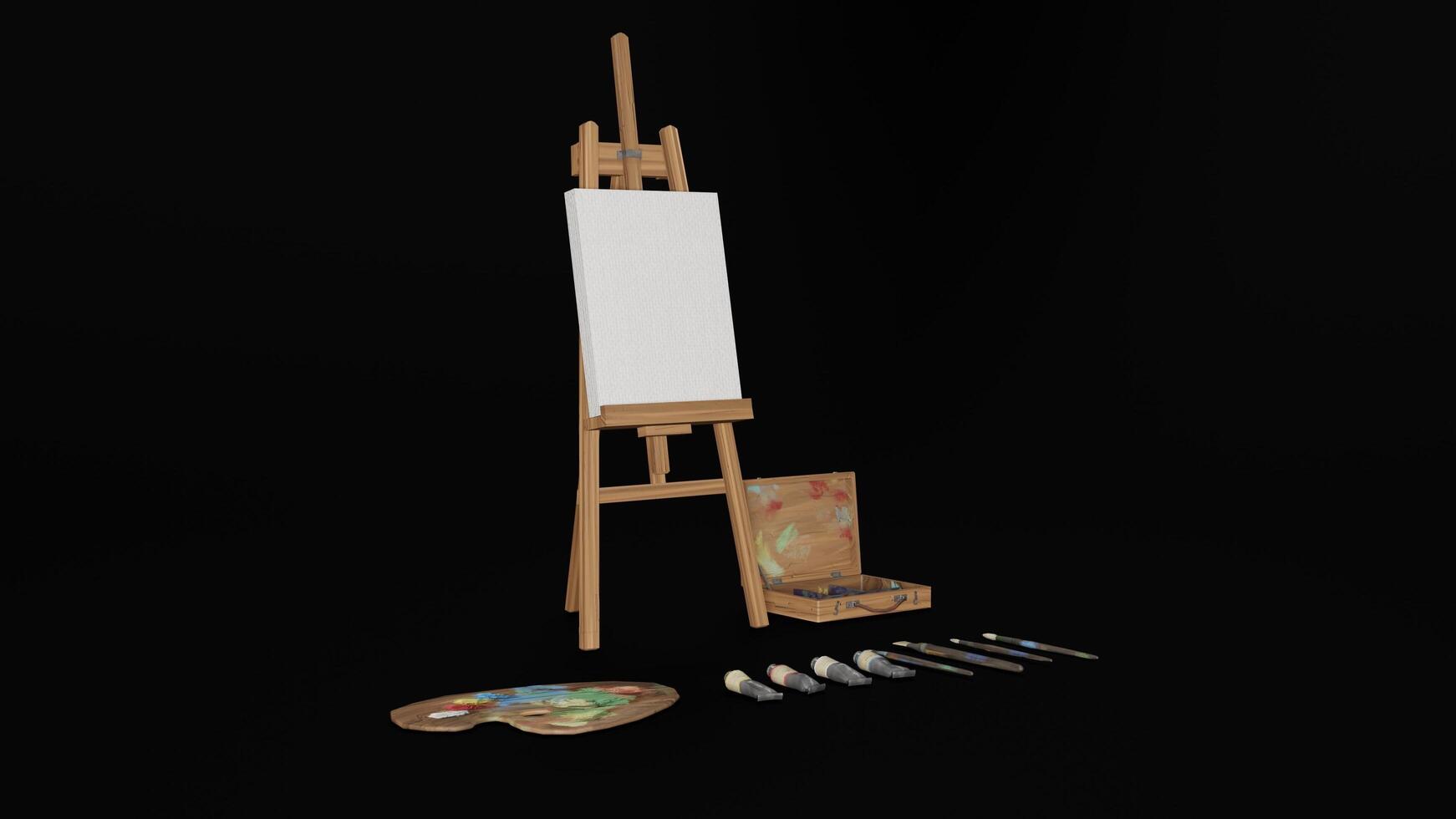 A painting easel, paint brushes and palette on a black background photo