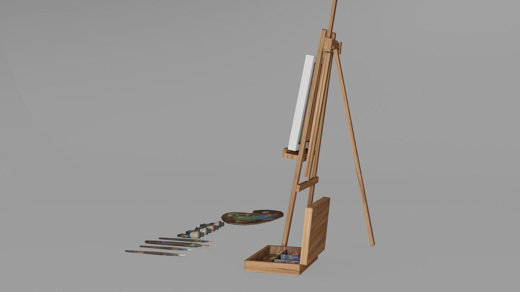 A wooden easel with a paintbrush and other tools photo