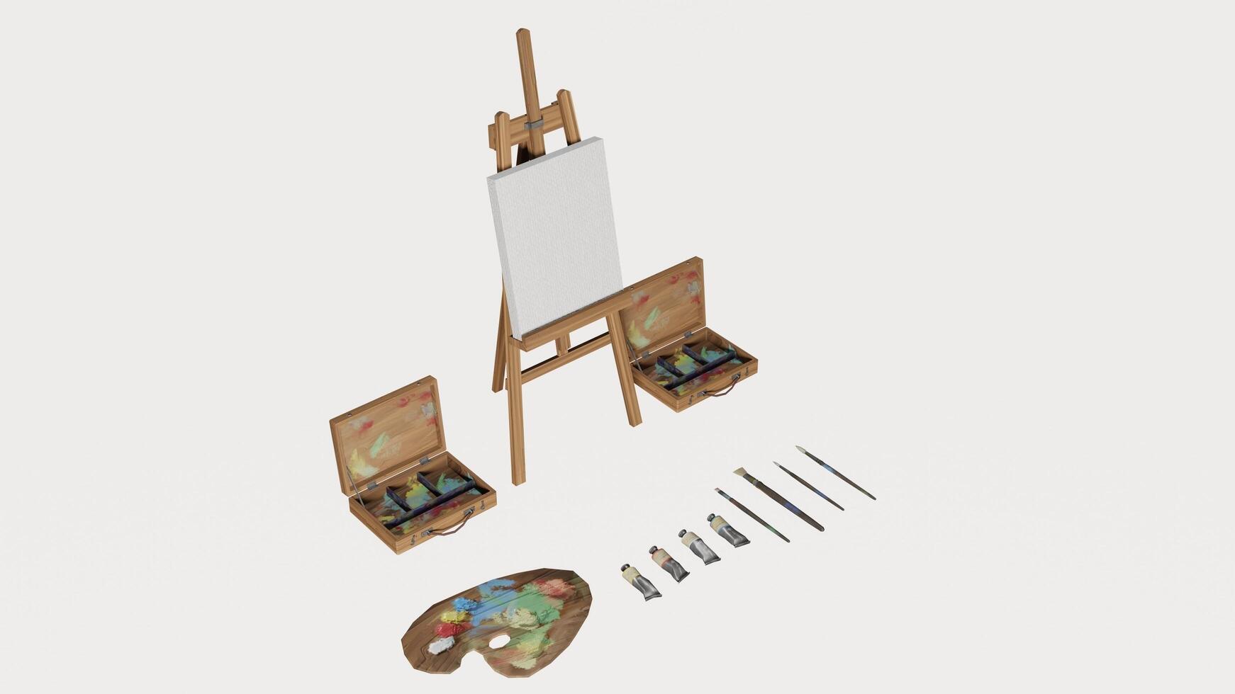 An easel, paint set and brushes are shown photo