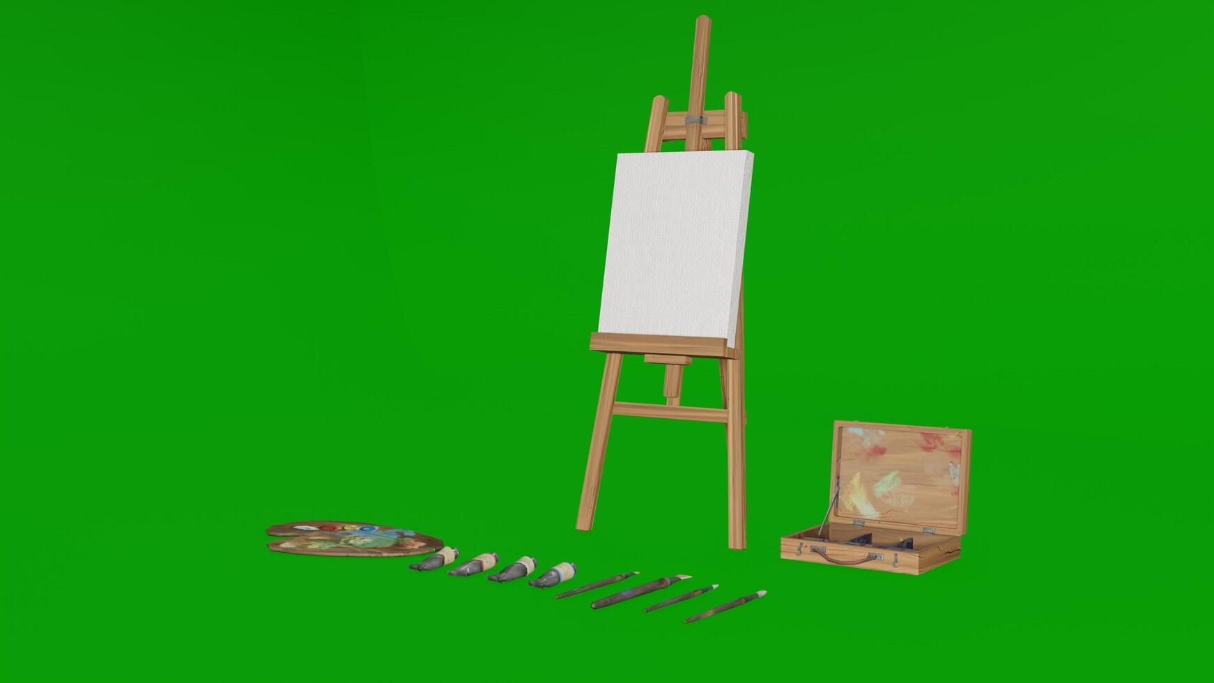 A green screen with a easel, paint brush and other items photo