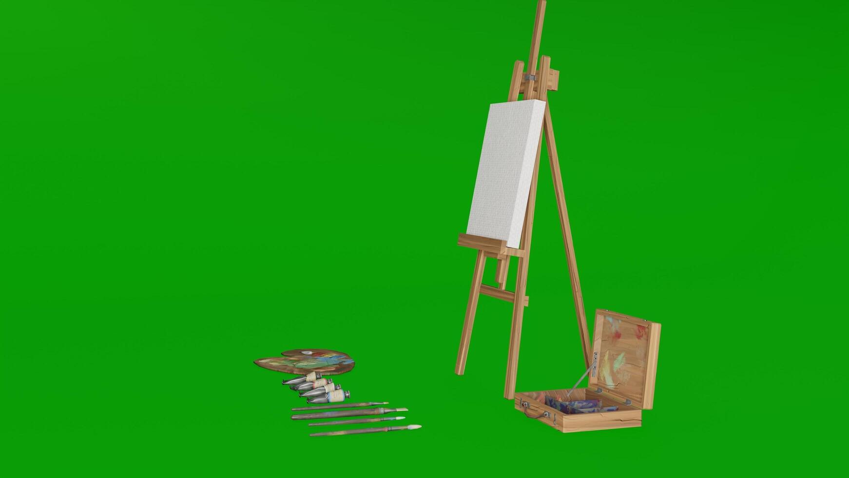 A green screen with a easel, paint, brushes and other items photo