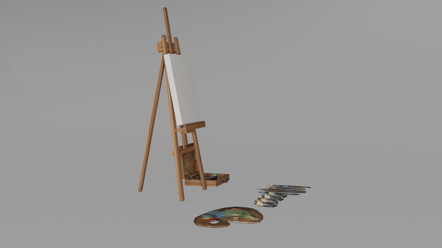 An easel with paint brushes and paint on it photo