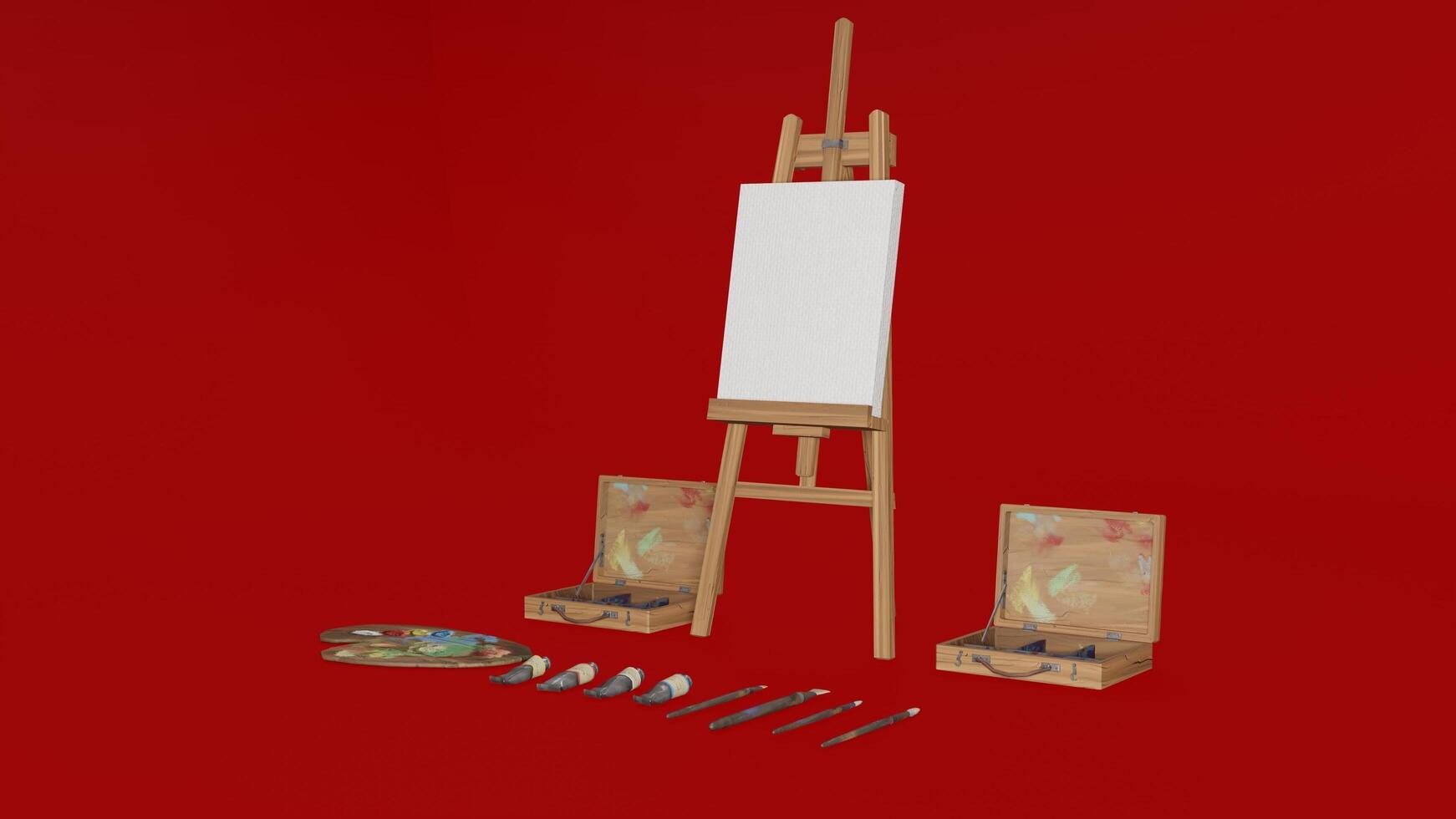 A painting easel, brushes, and paint on a red background photo