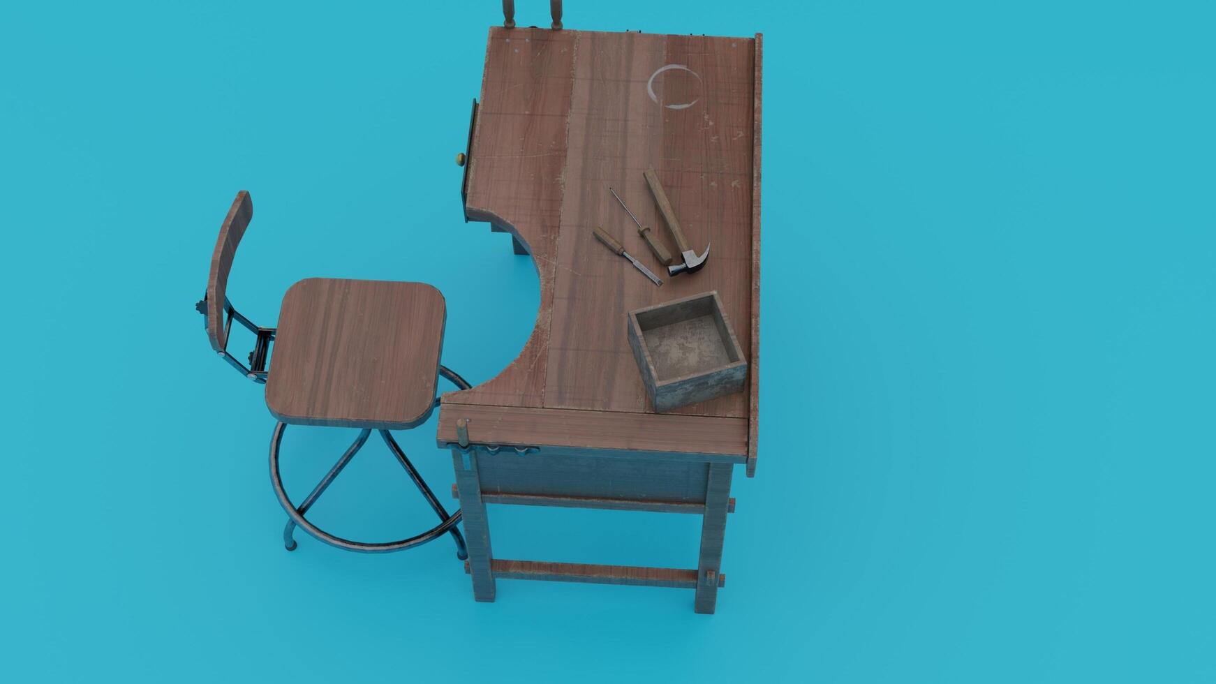 A desk with a chair and a tool box photo