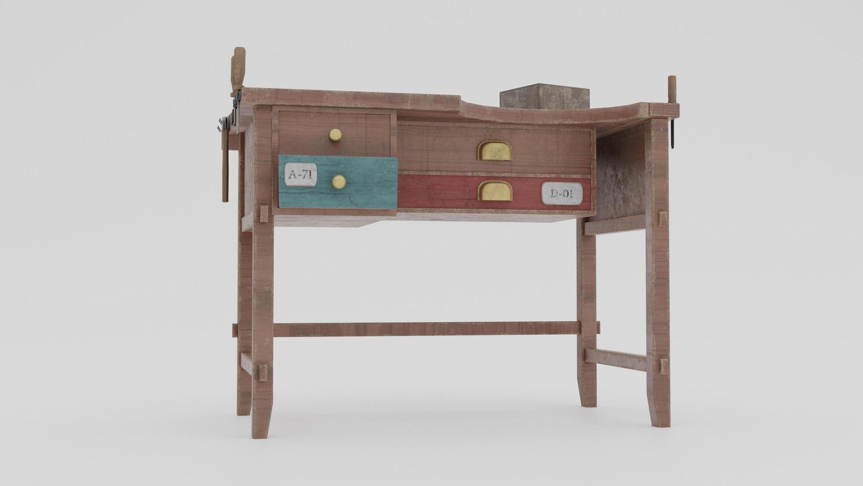 A wooden desk with drawers and a small table photo