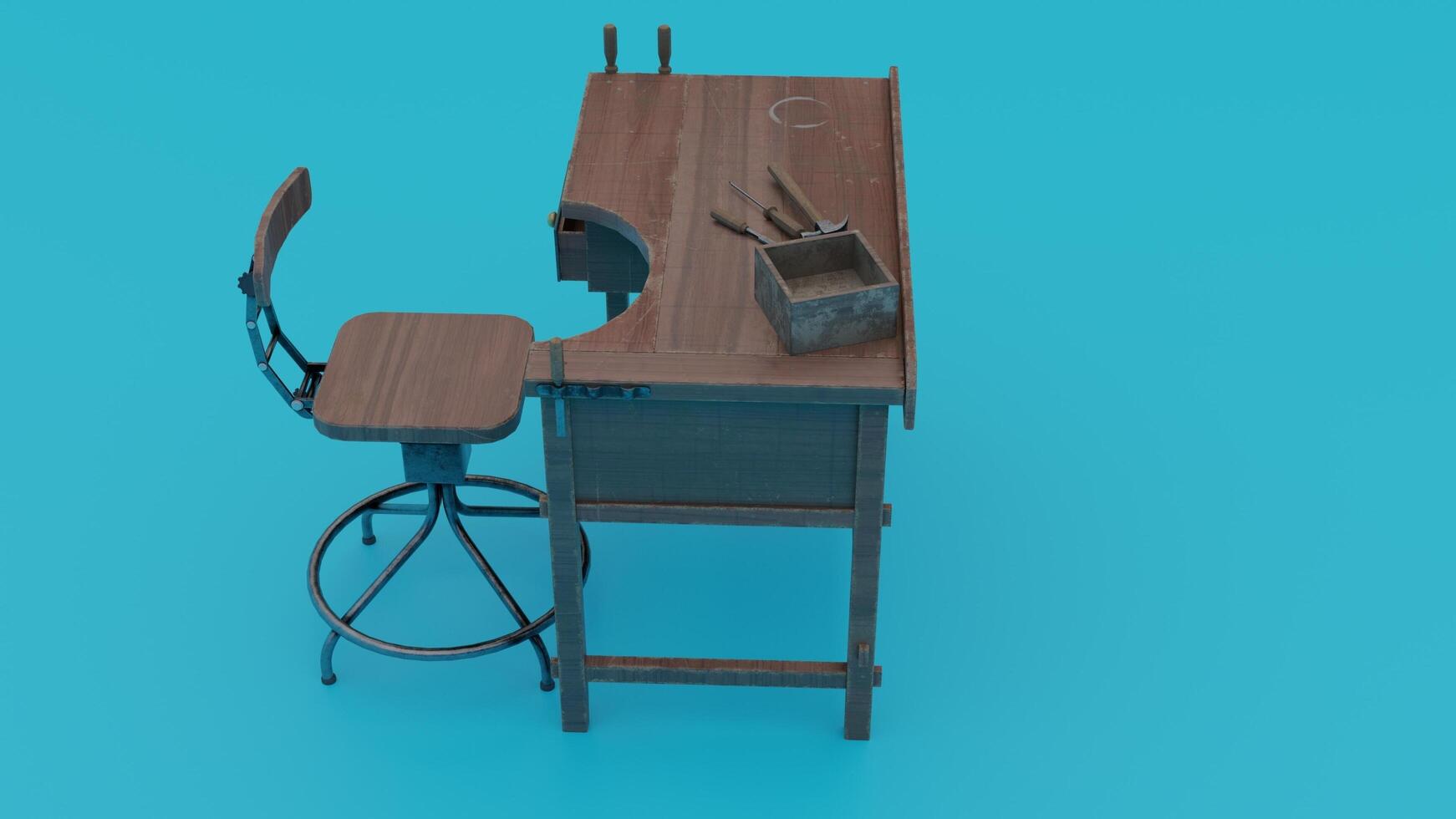 A small desk with a stool and a chair photo