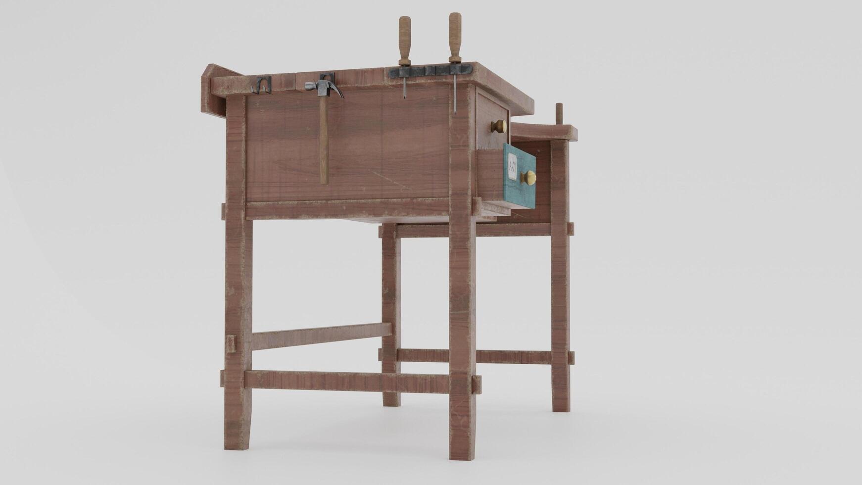 A wooden stool with a small table on top photo