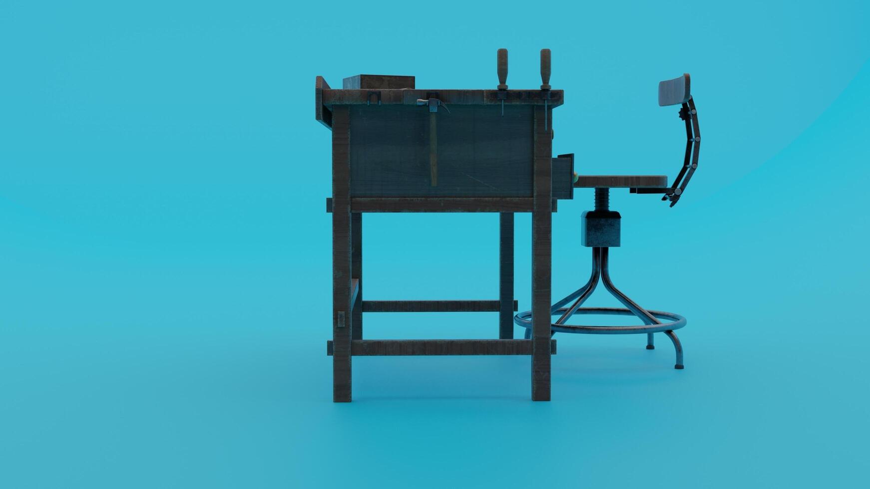 A desk with a chair and a stool on a blue background photo