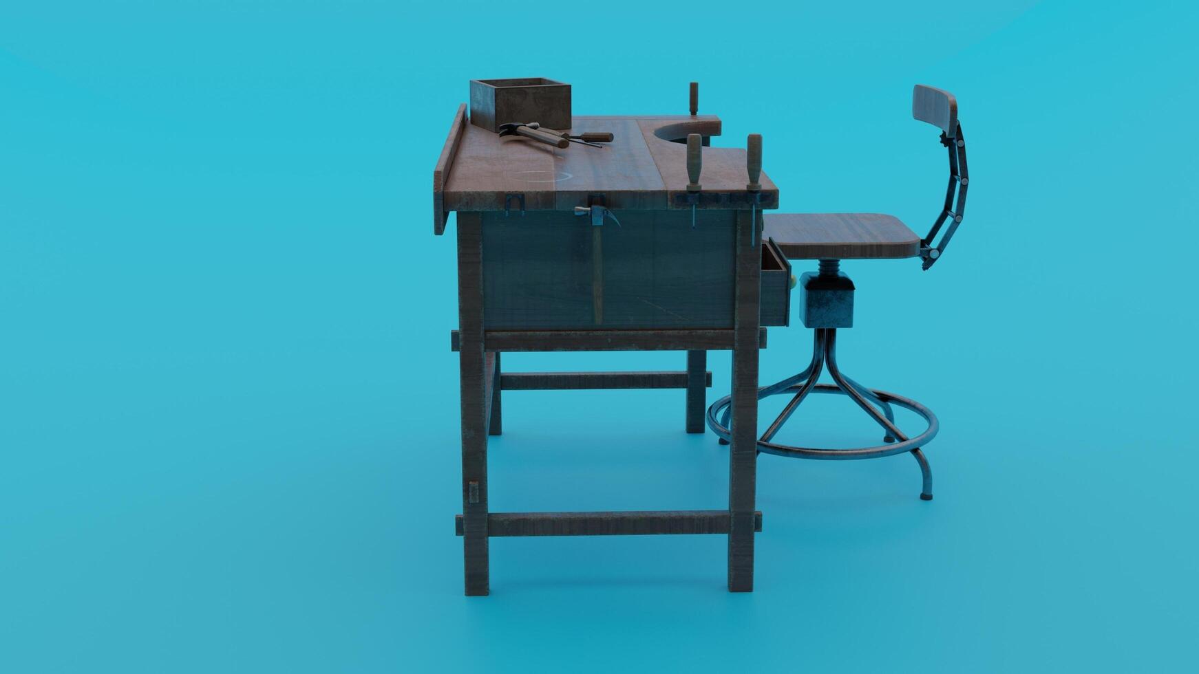 A desk with a chair and a table photo