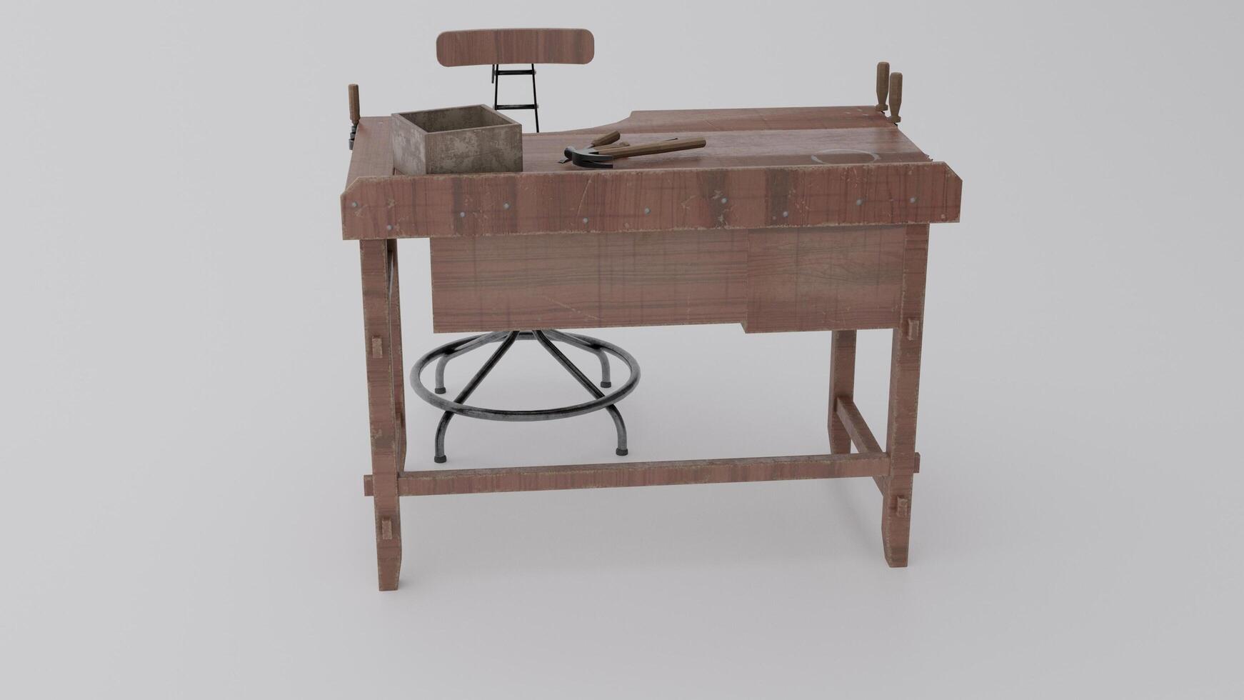 A small wooden desk with a chair and a stool photo