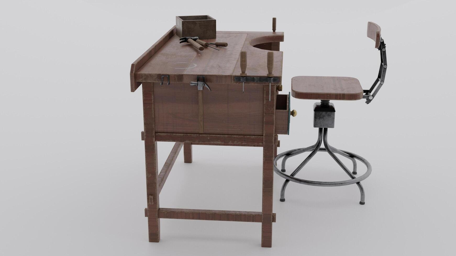 A small desk with a stool and chair photo