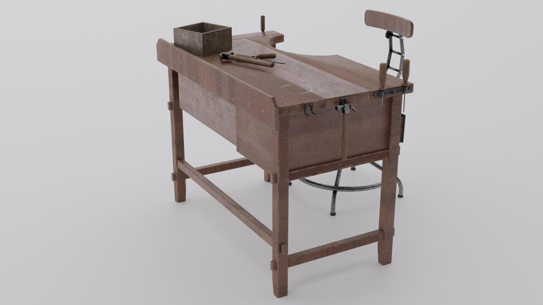 A small wooden desk with a chair and a box photo