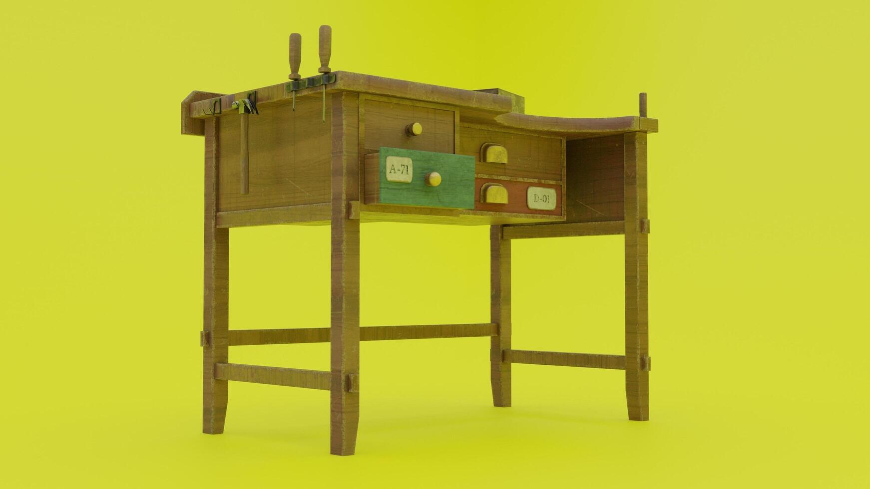 A small desk with drawers on a yellow background photo