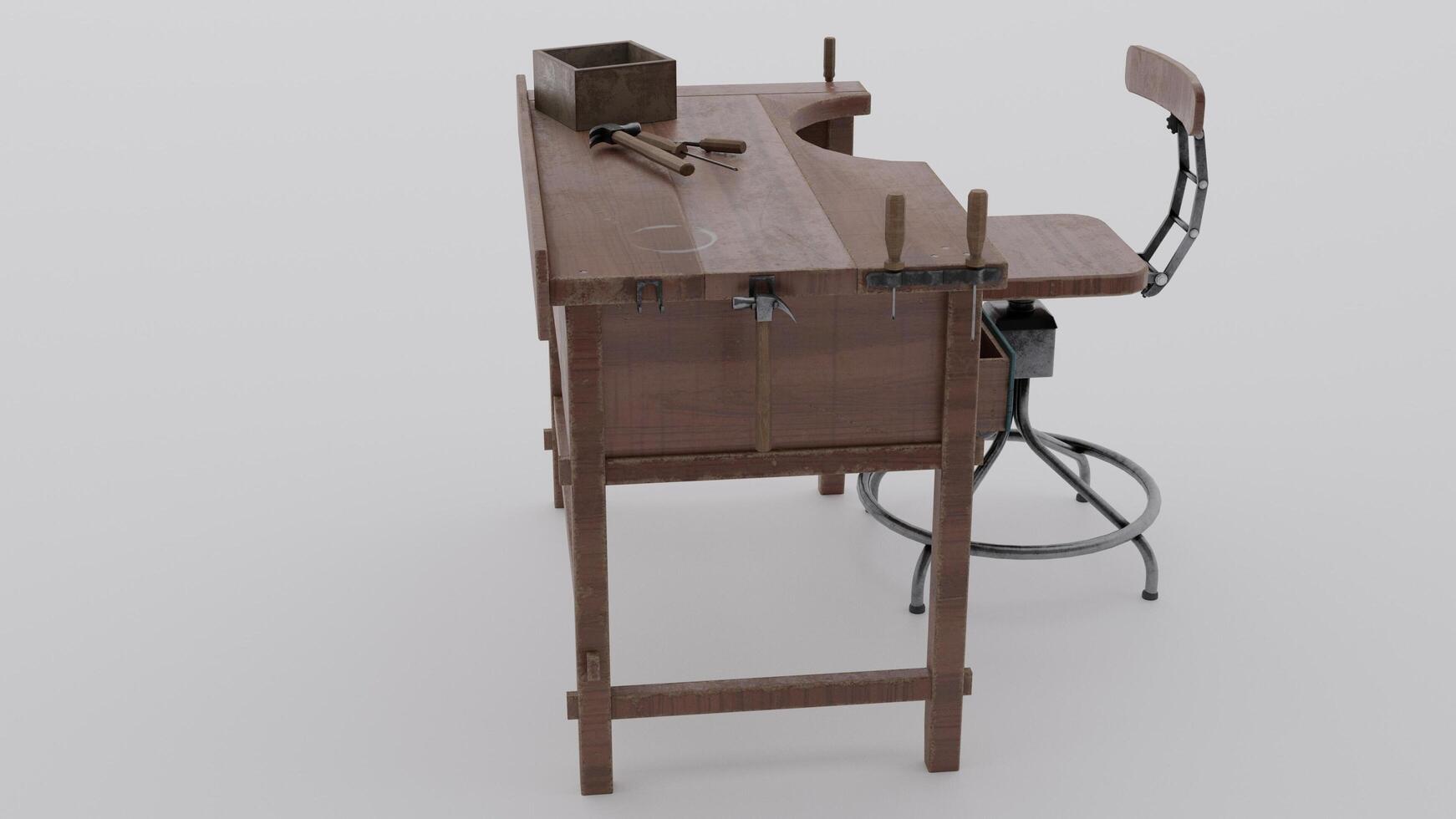 A wooden desk with a chair and a stool photo