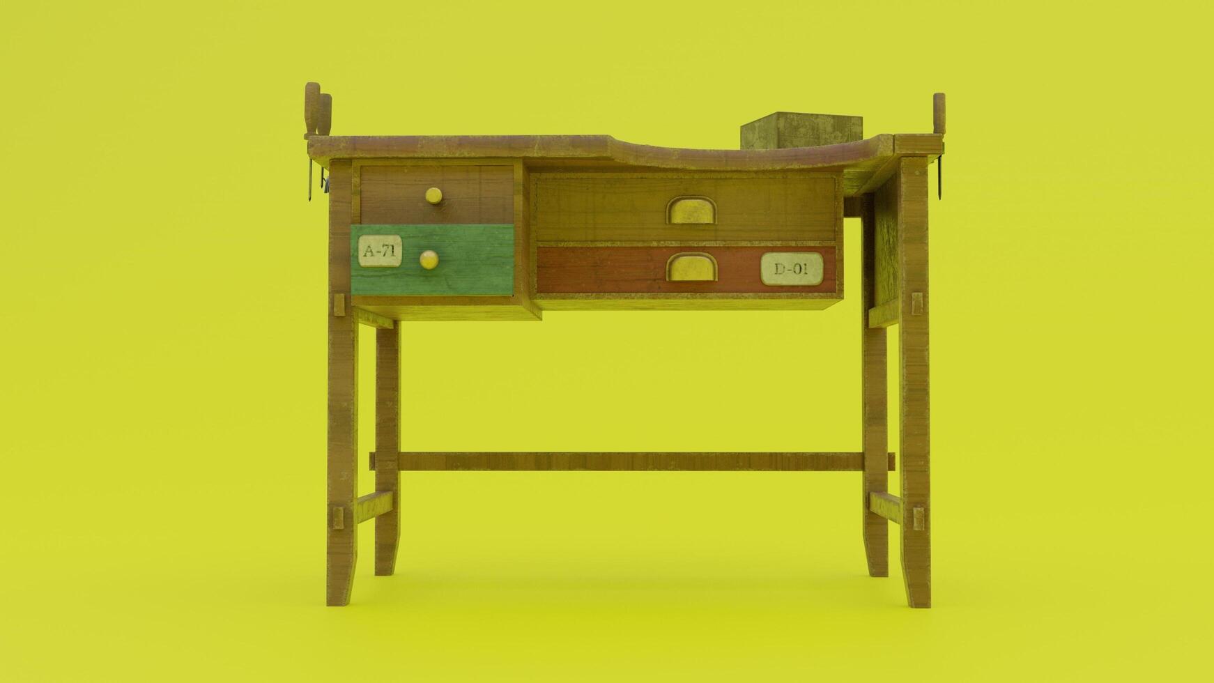 A wooden desk with drawers on a yellow background photo