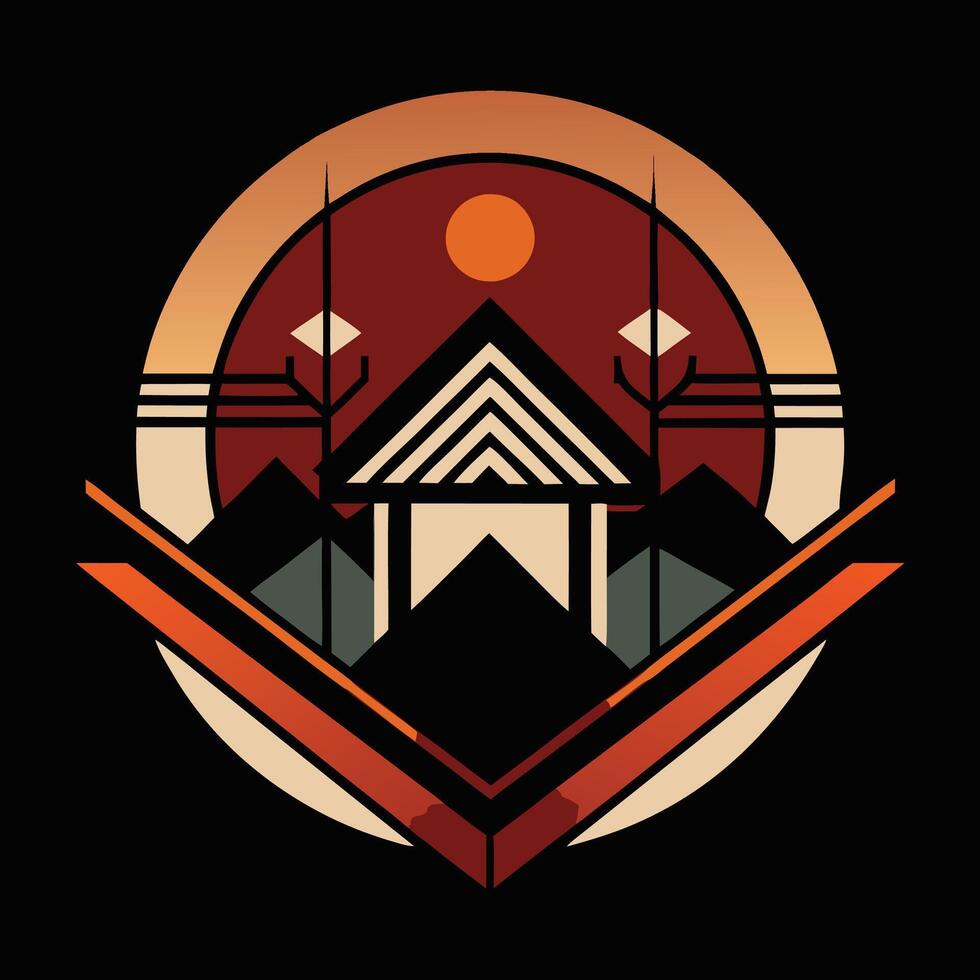 A tribal style logo with a house and mountains vector