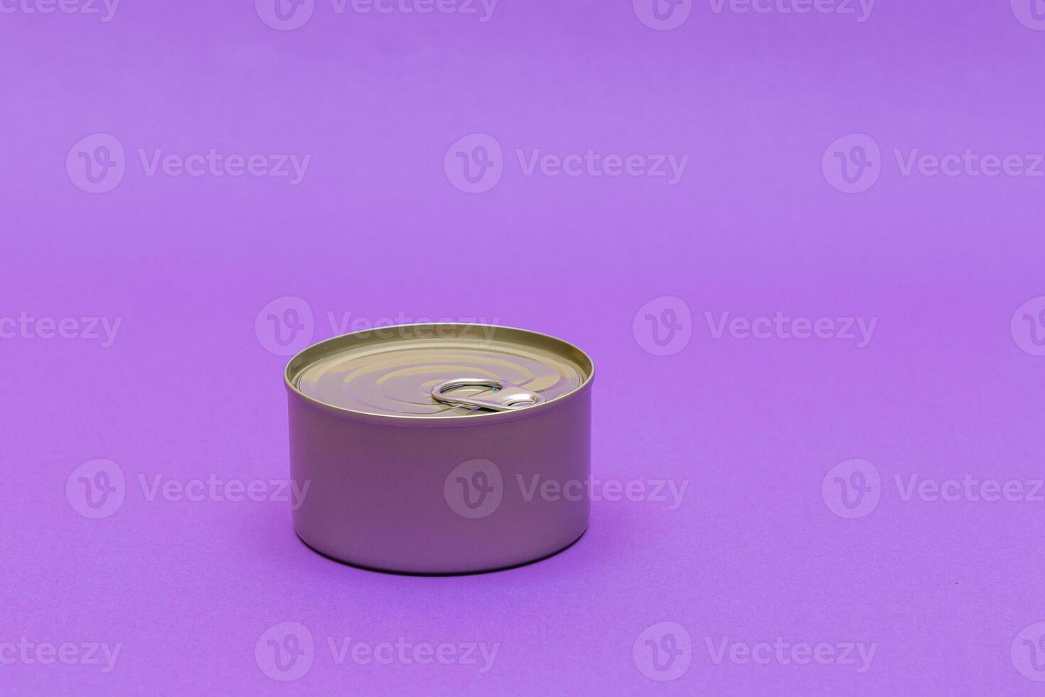 Unopened Tin Can with Blank Edge on Violet Background. Canned Food. Aluminum Can for Safe and Long Term Storage of Food. Steel Sealed Food Storage Container photo
