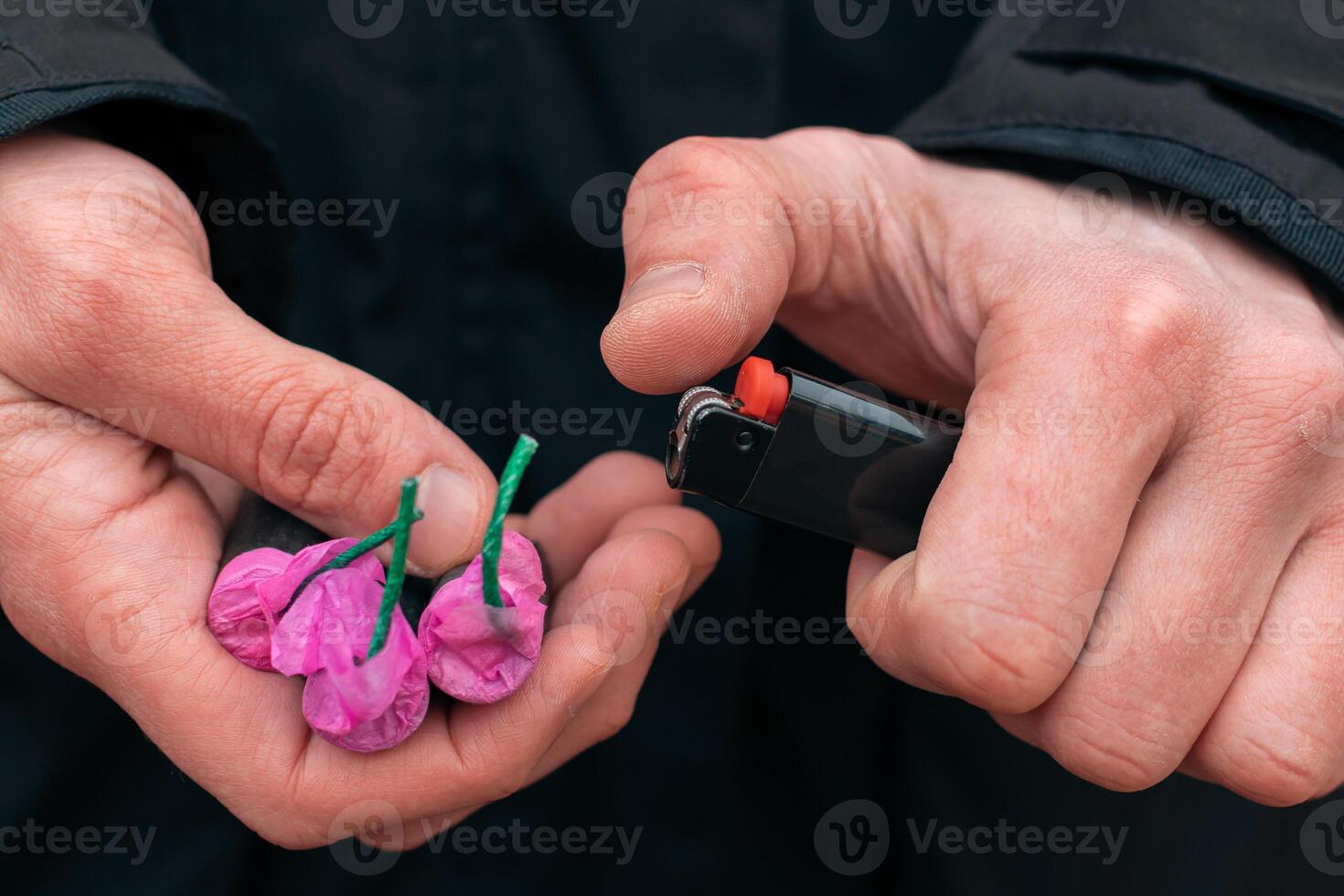 Setting Fire to the Several Firecrackers. Man in Black Jacket Lighting Up Three Petards at the Same Time. Firing Up the Pyrotechnic with Black Gas Lighter Outdoors photo