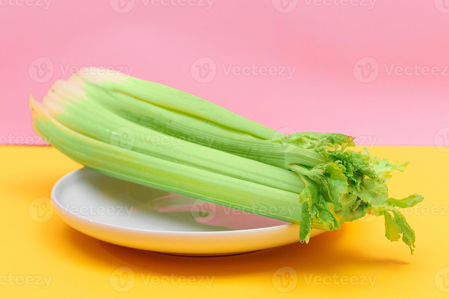Fresh Celery Stalk on White Dish. Vegan and Vegetarian Culture. Raw Food. Healthy Diet with Negative Calorie Content photo