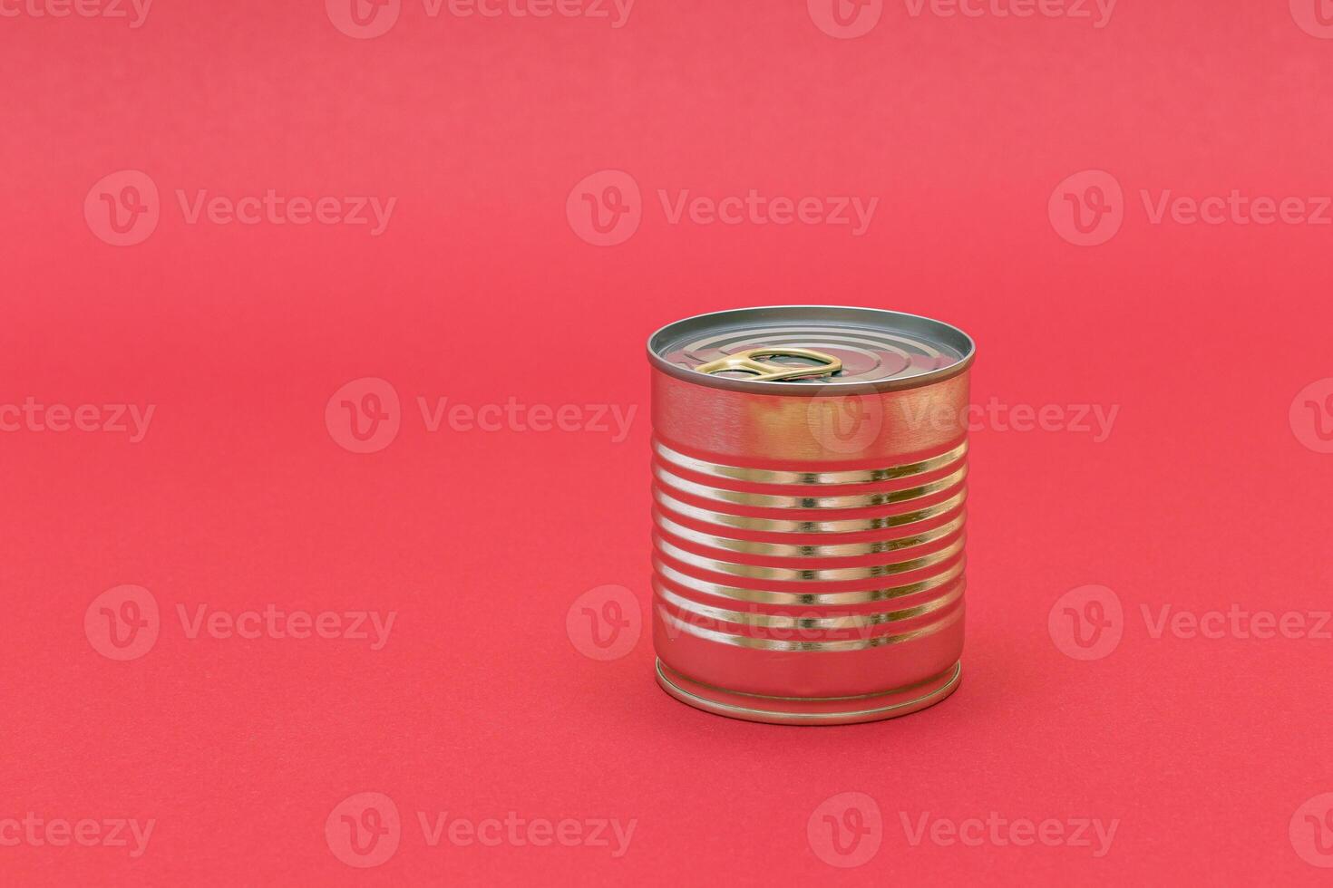 Unopened Tin Can with Blank Edge on Red Background. Canned Food. Aluminum Can for Safe and Long Term Storage of Food. Steel Sealed Food Storage Container photo