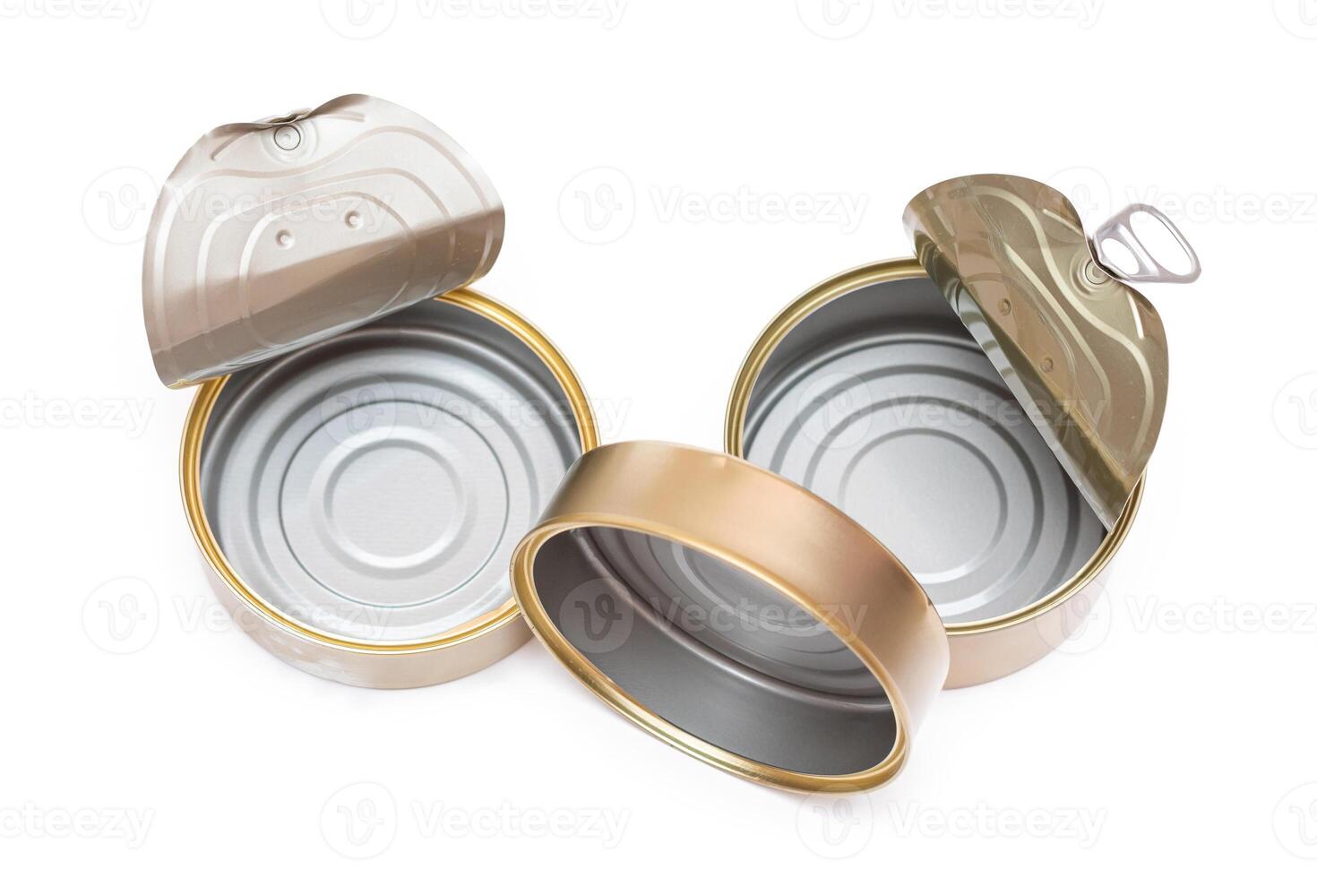 Three Opened Empty Tin Cans Isolated on White Background. Clean Used Aluminum Cans - Isolation. Non-Degradable Inorganic Waste photo