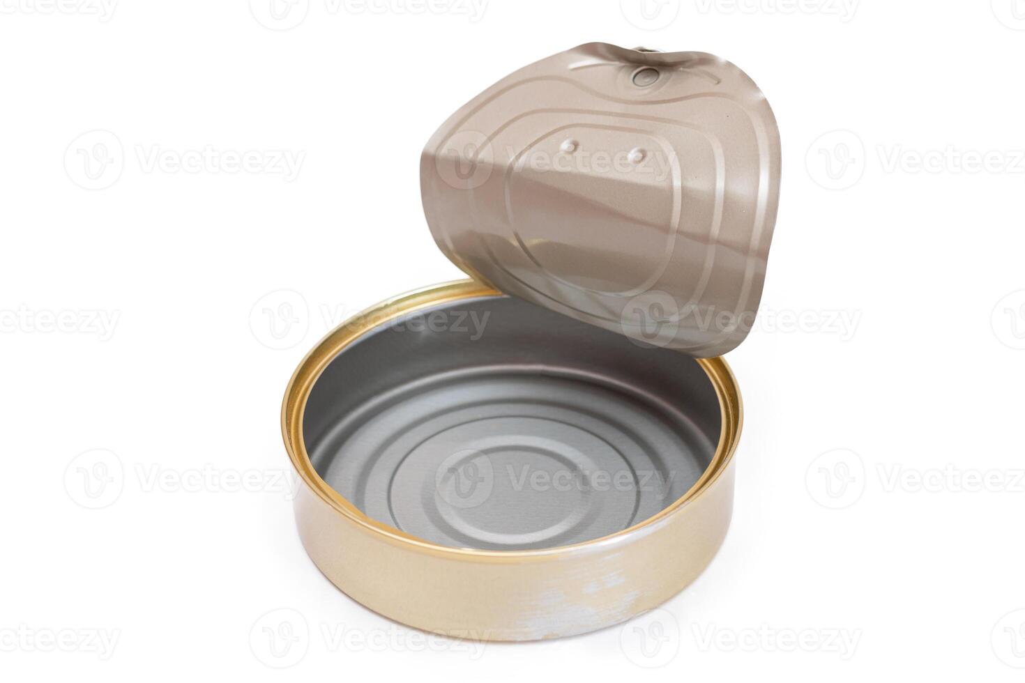 Opened Empty Tin Can Isolated on White Background. Clean Used Aluminum Can - Isolation. Non-Degradable Inorganic Waste photo