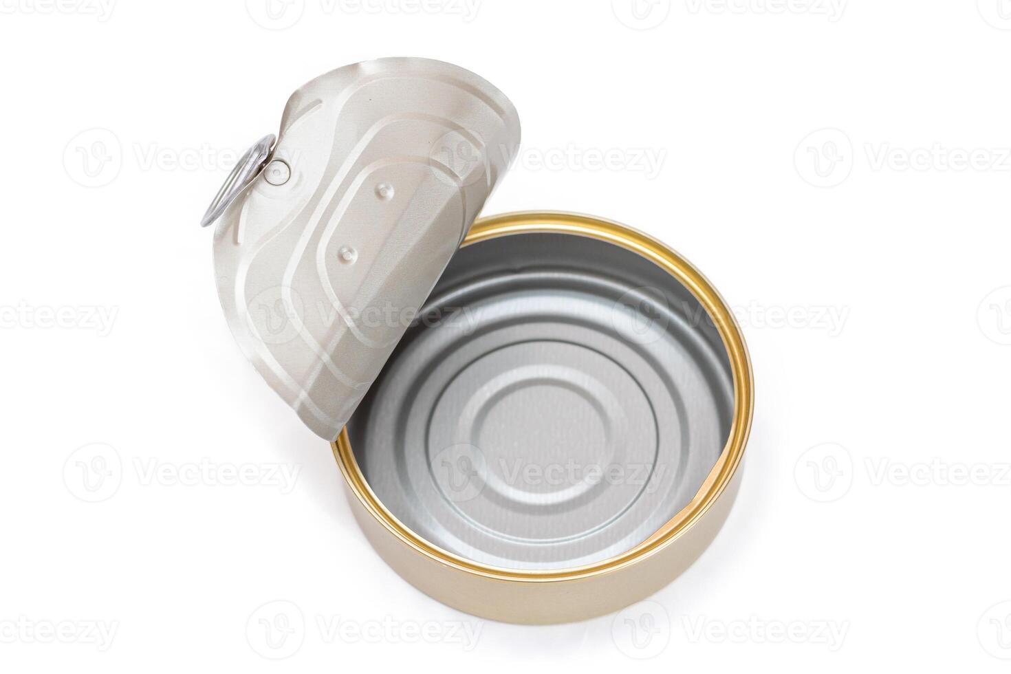 Opened Empty Tin Can Isolated on White Background. Clean Used Aluminum Can - Isolation. Non-Degradable Inorganic Waste photo