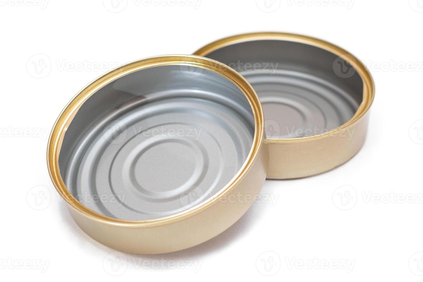 Two Opened Empty Tin Cans Isolated on White Background. Clean Used Aluminum Cans - Isolation. Non-Degradable Inorganic Waste photo