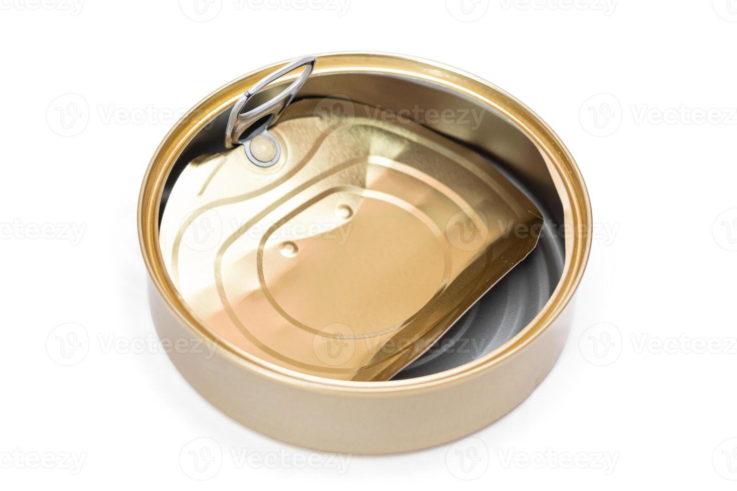 Opened Empty Tin Can With Broken Cover Isolated on White Background. Clean Used Aluminum Can - Isolation. Non-Degradable Inorganic Waste photo