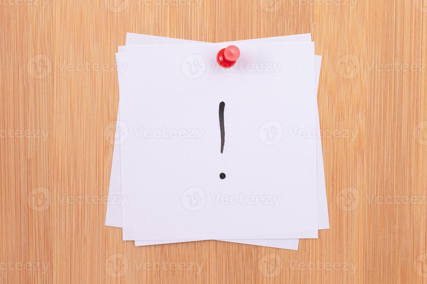 White Sticky Notes with Exclamation Point Pinned to the Wooden Message Board. To Do List Reminder in the Office. Memo Note at Work photo
