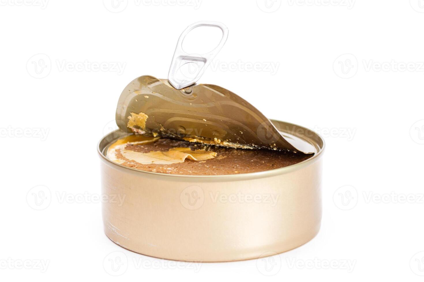 Opened Tin Can with Chicken Liver Pate Isolated on White Background. Open Canned Pate - Isolation photo