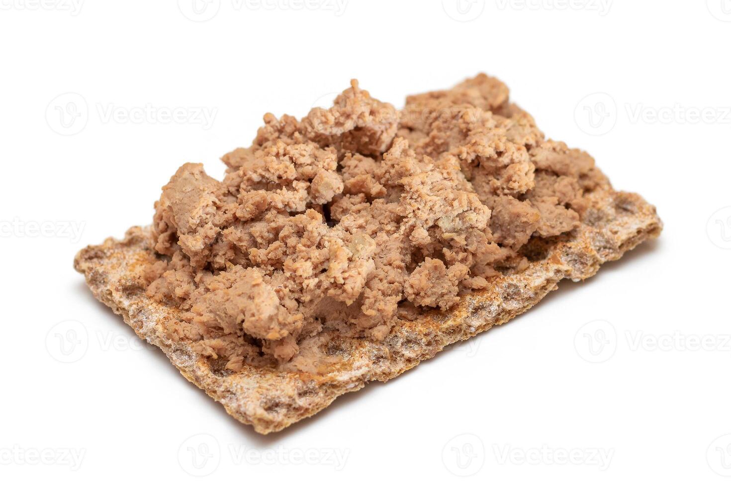 Crispy Sandwich with Chicken Pate Isolated on White Background. Whole Grain Bread with Liver Pate. Diet Breakfast and Healthy Food photo