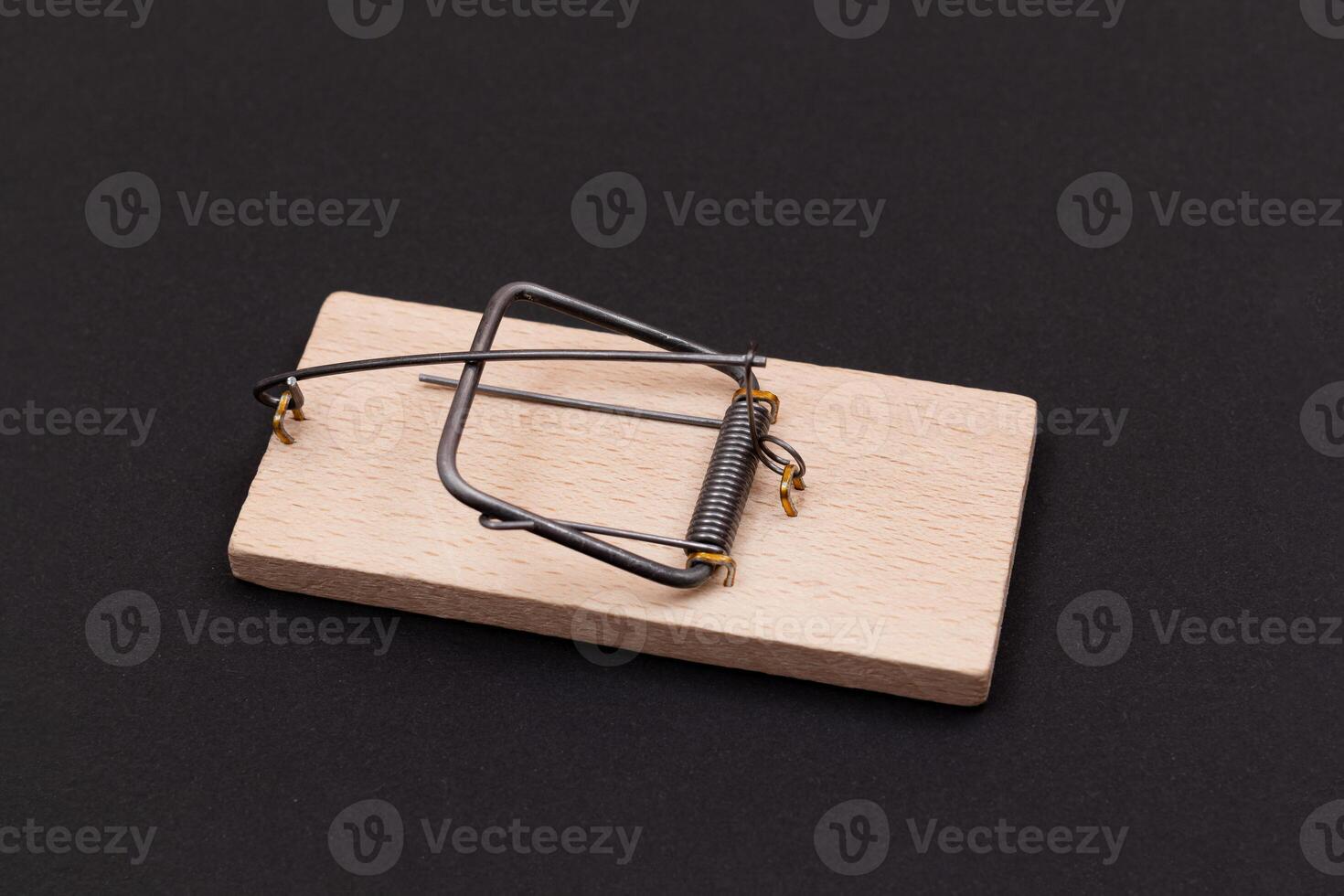 Wooden Mouse Trap. Empty Loaded Mousetrap on Black Background photo