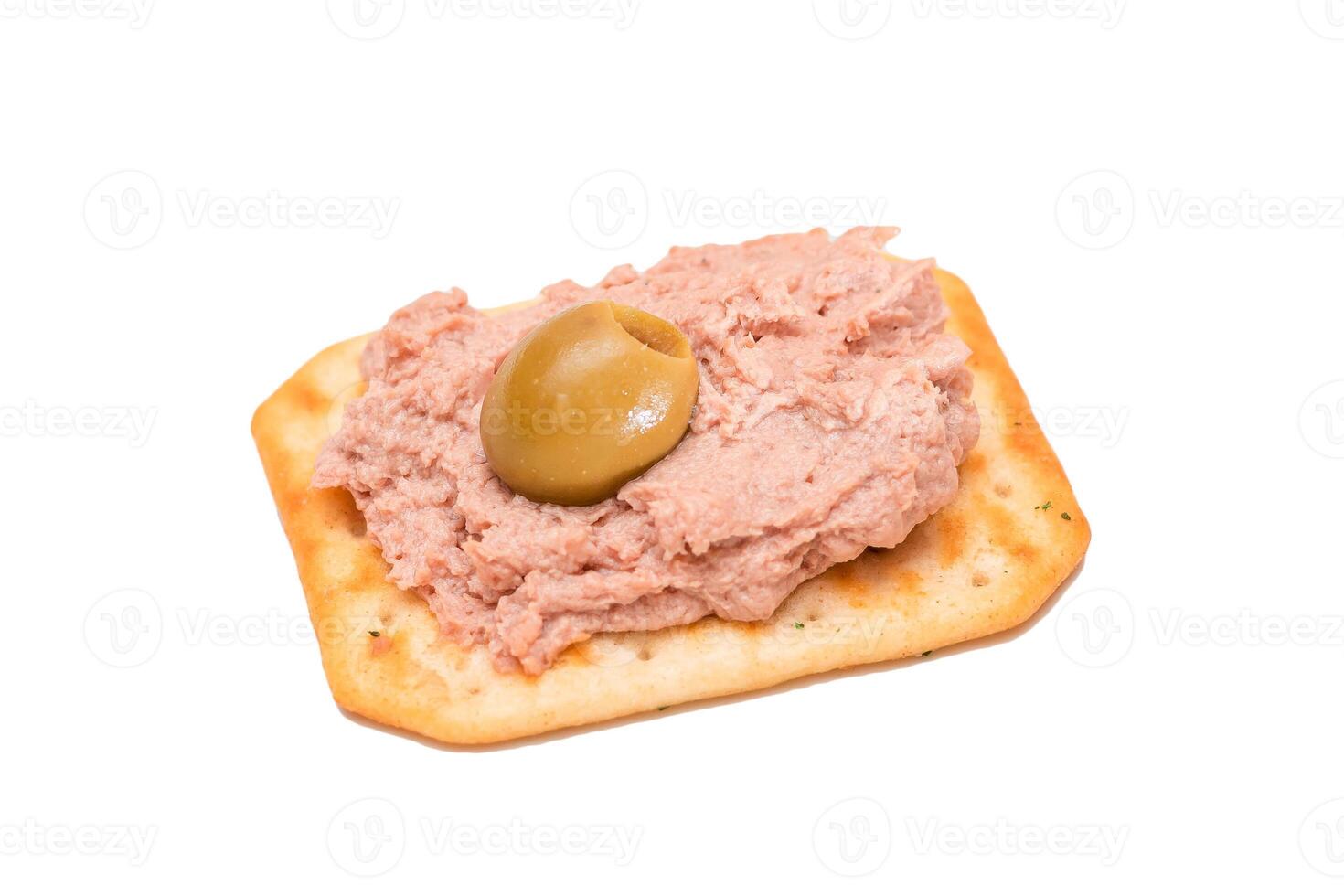 Crispy Salted Cracker with Liver Pate and Olives - Isolated on White. Easy Snack - Isolation photo