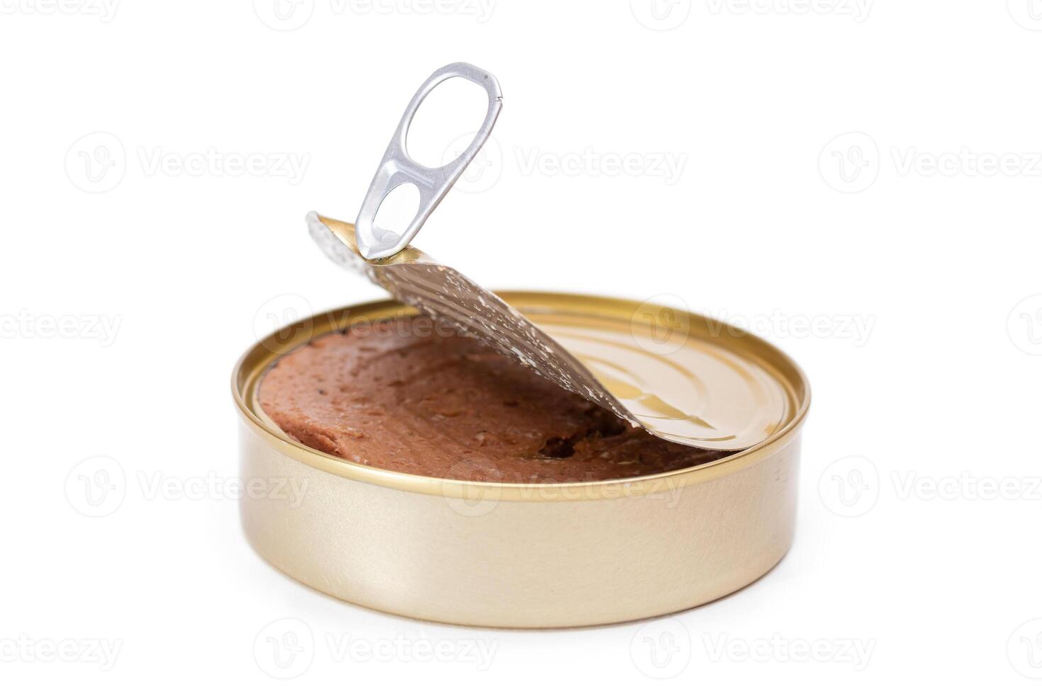 Opened Tin Can with Chicken Liver Pate Isolated on White Background. Open Canned Pate - Isolation photo