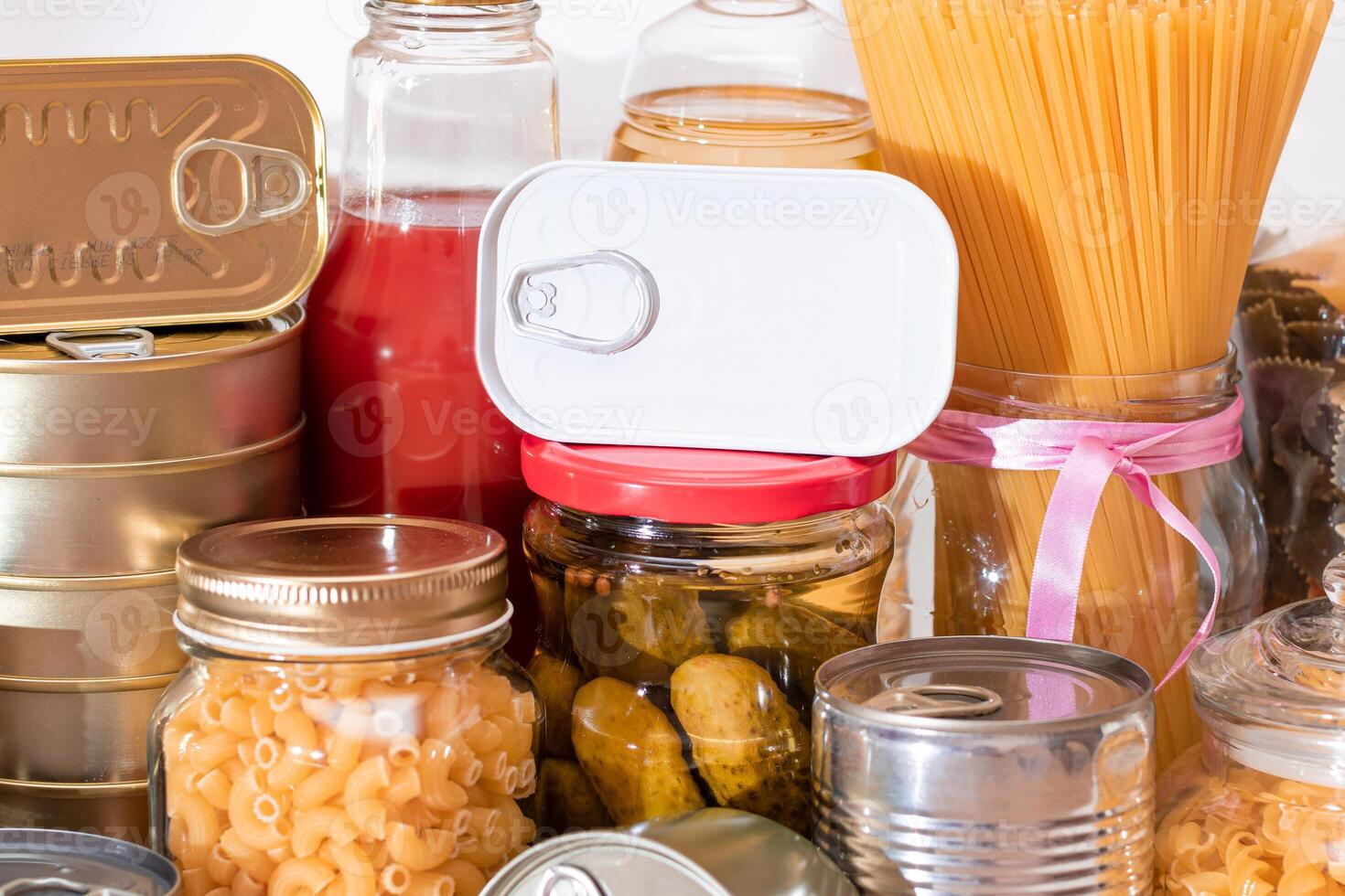 Food Reserves. Canned Food, Spaghetti, Pate, Tuna, Tomato Juice, Pasta, Fish and Grocery. Emergency Food Storage in Case of Crisis. Strategic Food Supplies photo