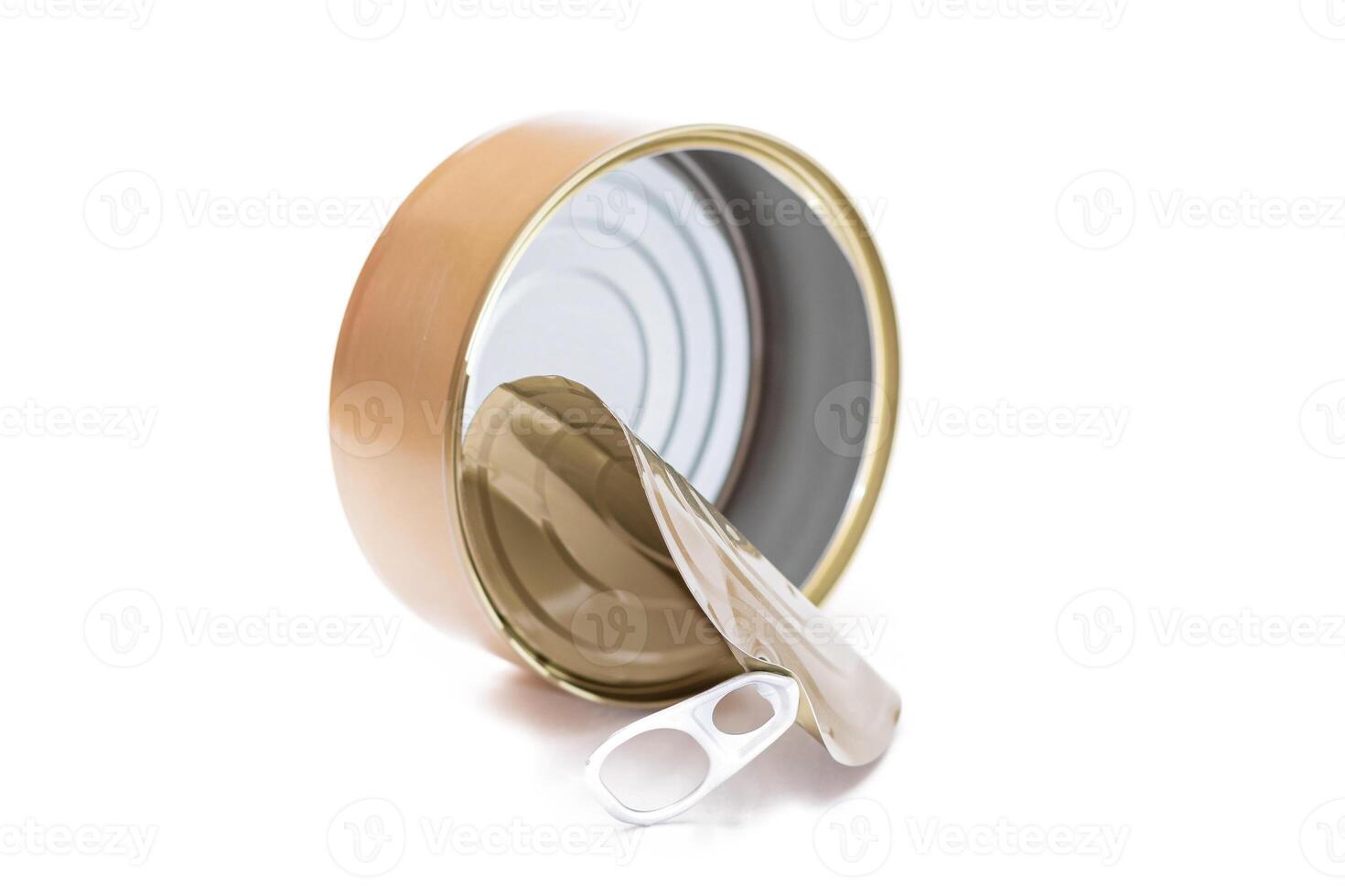 Opened Empty Tin Can Isolated on White Background. Clean Used Aluminum Can - Isolation. Non-Degradable Inorganic Waste photo