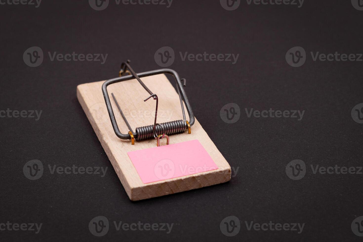 Blank Pink Sheet of Paper in Wooden Mousetrap - Template. Small Memo Paper in Mouse Trap on Black Background photo