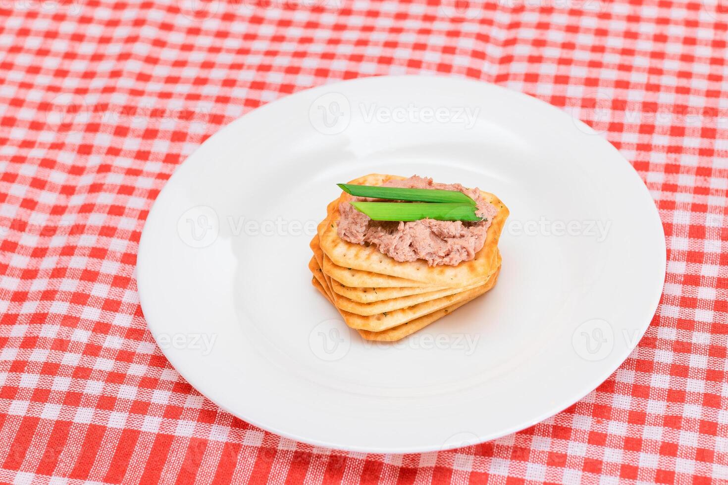 Crispy Salted Cracker with Liver Pate and Green Onions on White Plate. Easy Snack photo