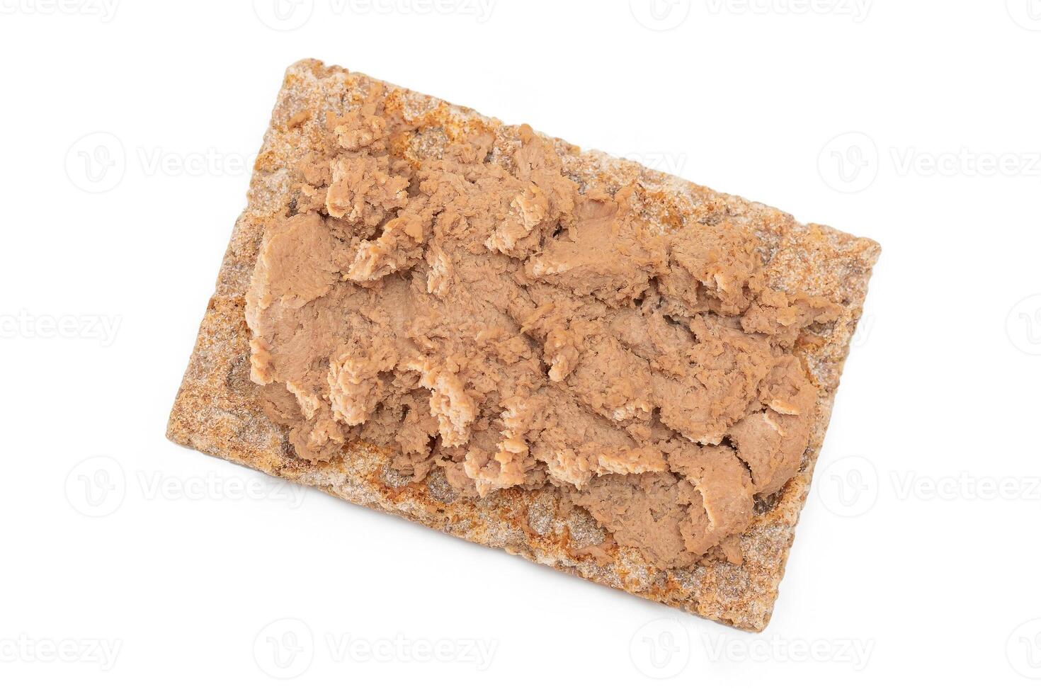 Crispy Sandwich with Chicken Pate Isolated on White Background - Top View. Whole Grain Bread with Liver Pate. Diet Breakfast and Healthy Food photo